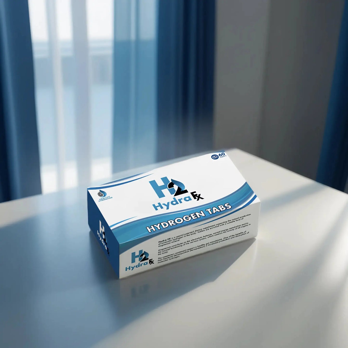 HydraFx Hydrogen Supplement box on a table, promoting dietary health benefits.