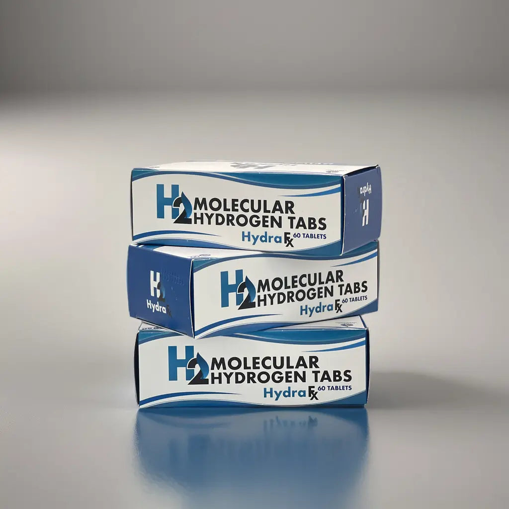 HydraFx Hydrogen Tablets packaging showcasing molecular hydrogen supplements stacked against a neutral background.