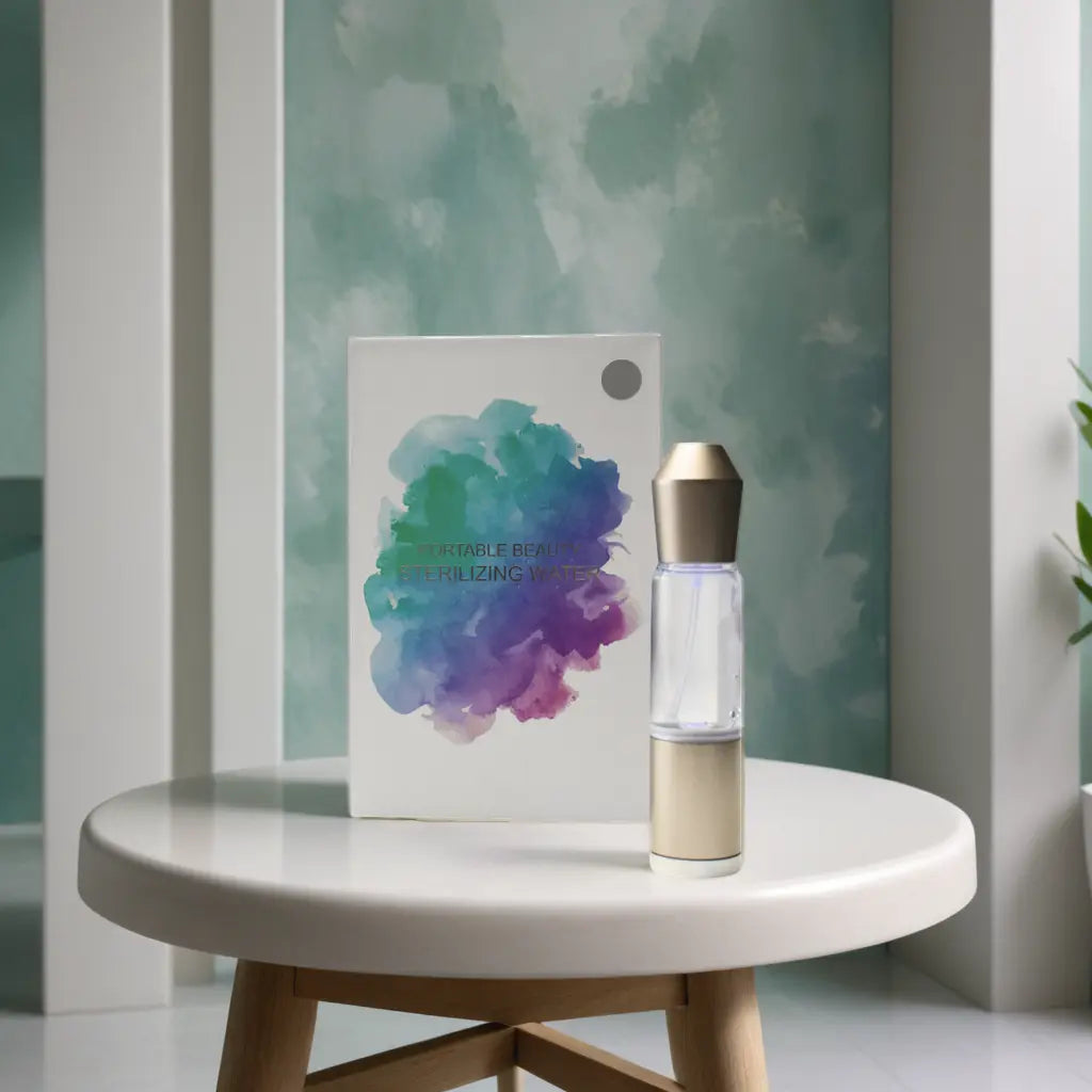 Hydra Mist hydrogen face mist device and packaging on round table with abstract blue and purple design background