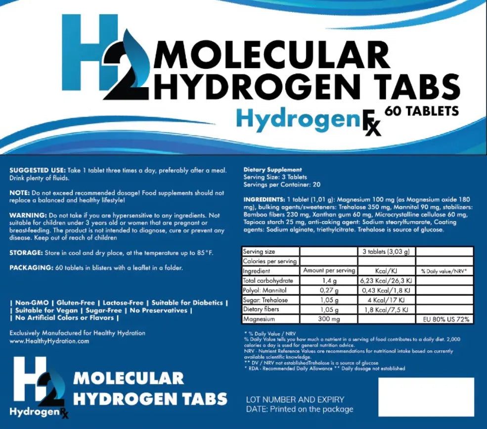 HydraFx Hydrogen Supplement label detailing ingredients and usage instructions for molecular hydrogen tablets.