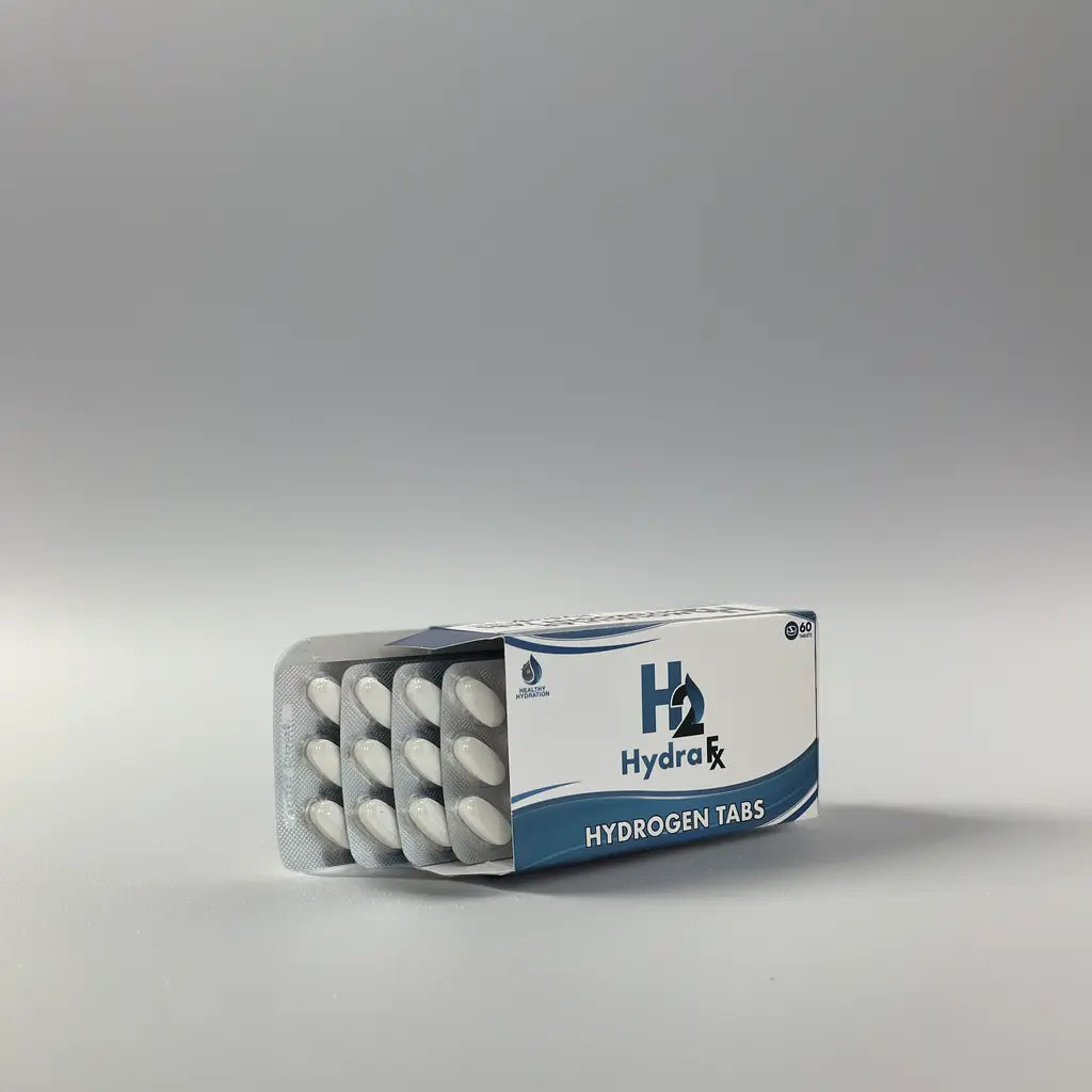 HydraFx Hydrogen Tablets packaging against a neutral background.